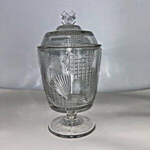 Ripley & Co Clear Glass Greek Diagonal Band & Fan Covered Candy Dish 1880s EAPG